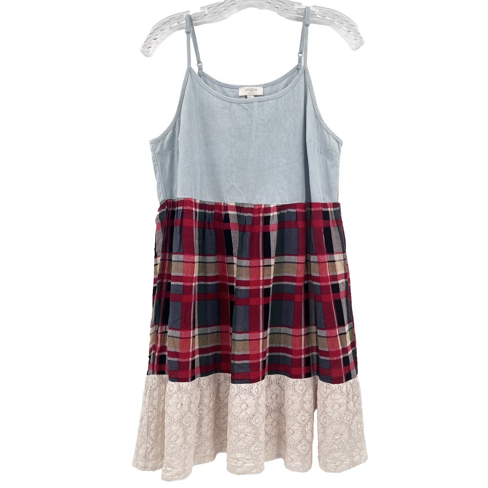 UMGEE Women's Size S Denim/Plaid/Lace Adjustable Spaghetti Strap Babydoll Dress